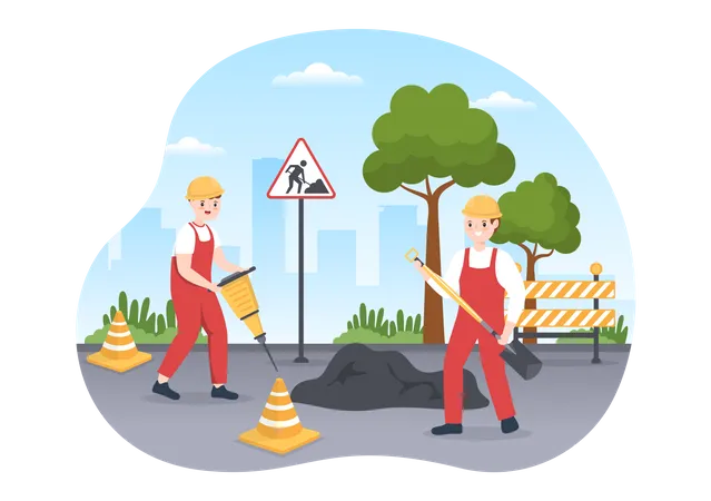 Trabajadores de mantenimiento de carreteras trabajando en carreteras asfaltadas con perforadora  Ilustración