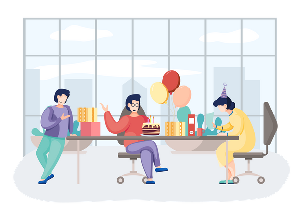 Trabajadores de oficina haciendo fiesta de cumpleaños en la oficina  Ilustración