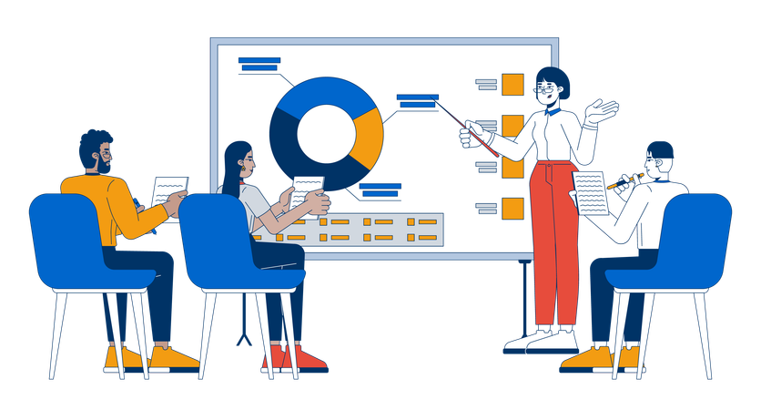 Trabajadores de oficina realizando reuniones de análisis de datos.  Ilustración