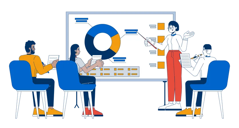 Trabajadores de oficina realizando reuniones de análisis de datos.  Ilustración