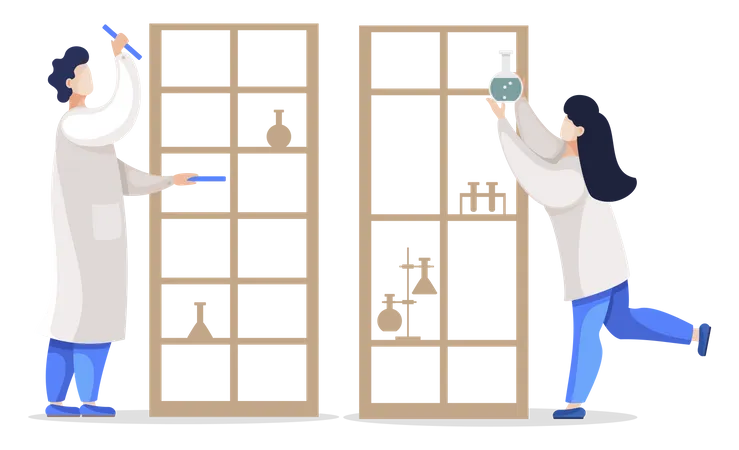 Trabajadores de química en laboratorio  Ilustración