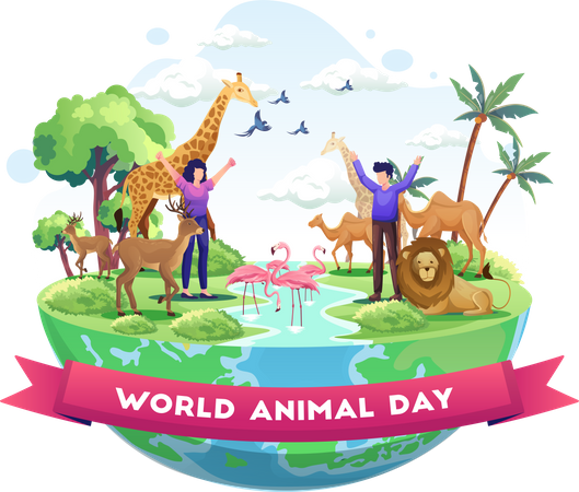Trabajadores del santuario de vida silvestre celebran el día mundial de los animales en el bosque  Ilustración
