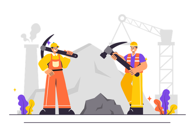 Trabajadores de una empresa minera con herramientas de minería  Ilustración