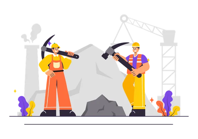 Trabajadores de una empresa minera con herramientas de minería  Ilustración