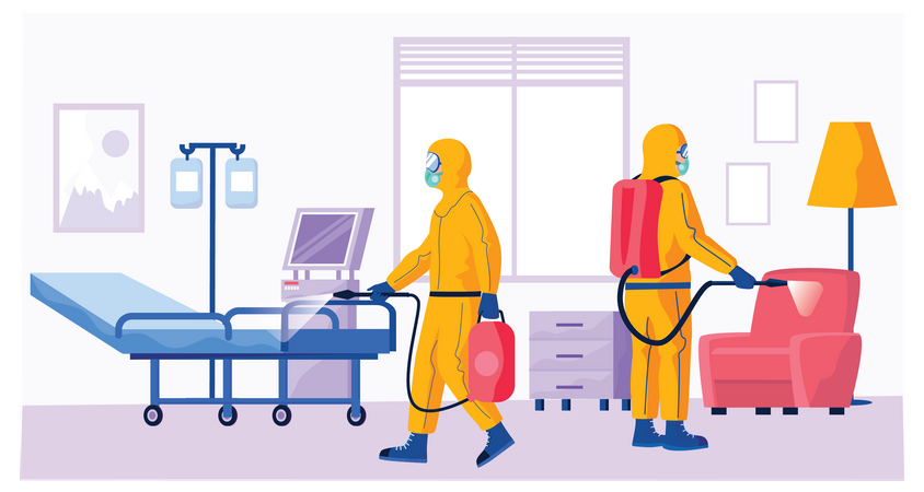 Trabajadores desinfectantes desinfectan la habitación del hospital  Ilustración