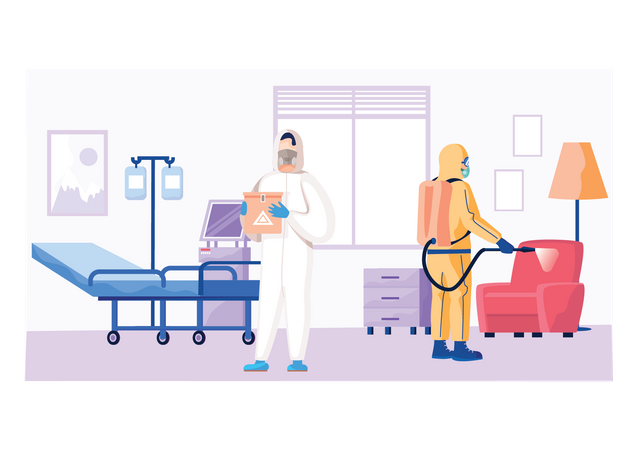 Trabajadores desinfectantes desinfectan la habitación del hospital  Ilustración