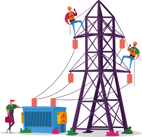 Trabajadores electricistas trabajando en la torre de transmisión  Ilustración