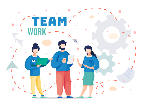 Trabajadores del equipo de pie y discutiendo el proyecto.  Ilustración