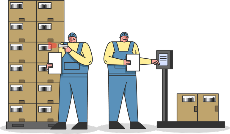 Trabajadores escaneando paquetes mediante un escáner de código de barras  Ilustración