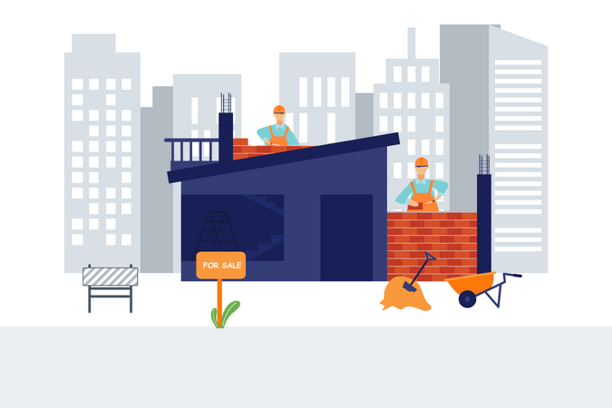 Trabajadores haciendo paredes de ladrillo en el sitio de construcción  Ilustración