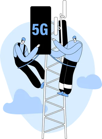 Trabajadores instalando equipos para Internet 5G en una torre de telecomunicaciones de transmisión  Ilustración