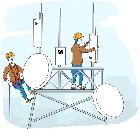 Trabajadores instalando torre 5G  Ilustración