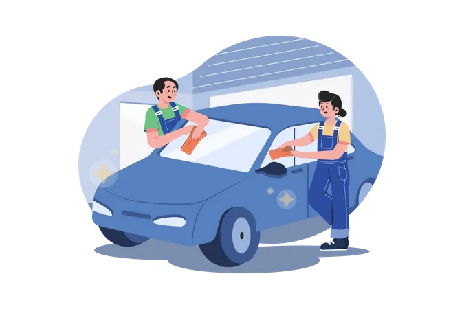 Trabajadores limpiando el auto  Ilustración