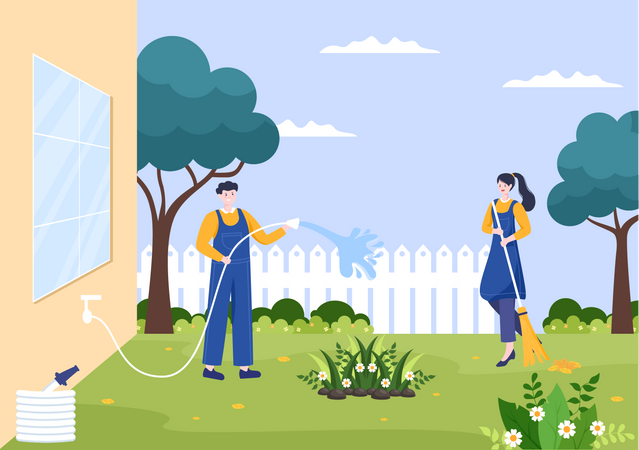 Trabajadores limpiando jardines y regando plantas.  Ilustración