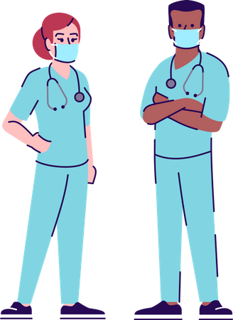 Trabajadores médicos con mascarilla  Ilustración