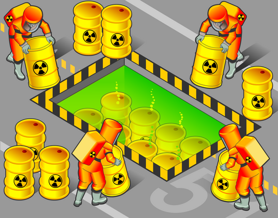 Trabajadores nucleares trasladando barriles radiactivos a un lugar químico  Ilustración