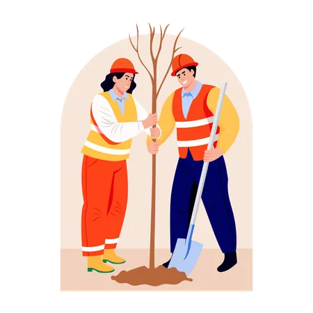 Trabajadores plantando un árbol en el suelo  Ilustración