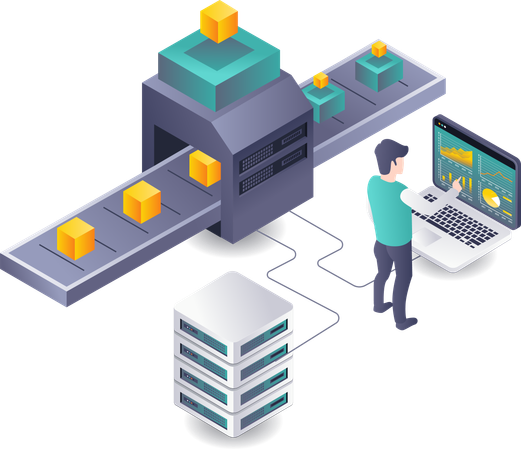 Trabajadores que procesan análisis de datos de tecnología de servidor.  Ilustración