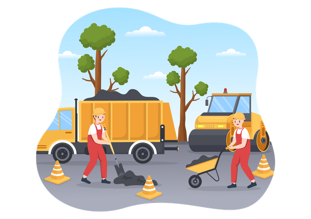 Trabajadores realizando mantenimiento de carreteras  Ilustración
