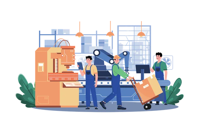 Trabajadores que trabajan en la industria de la automatización  Ilustración