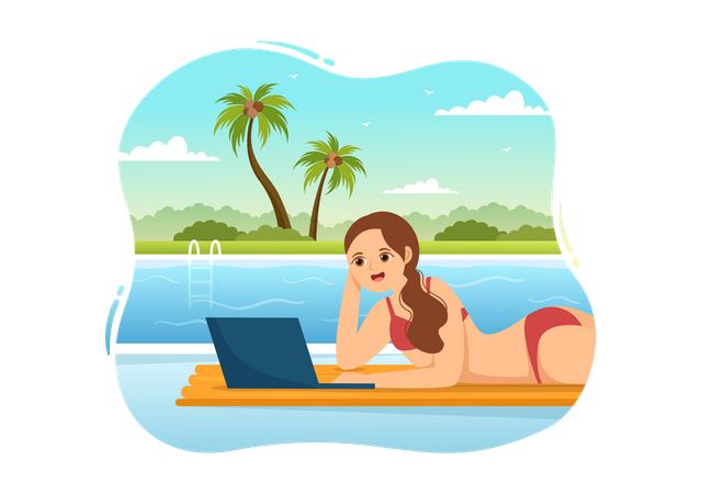 Trabajando desde la piscina  Ilustración