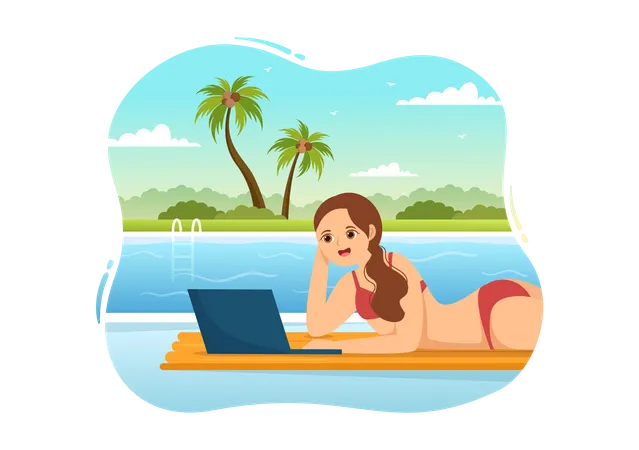 Trabajando desde la piscina  Ilustración