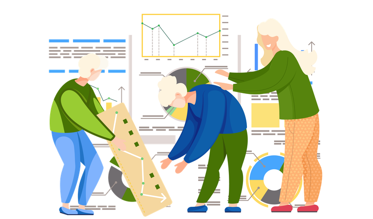 Cooperación en equipo para analizar diagramas, informes, consultas financieras de empleados, cerca de la presentación  Ilustración