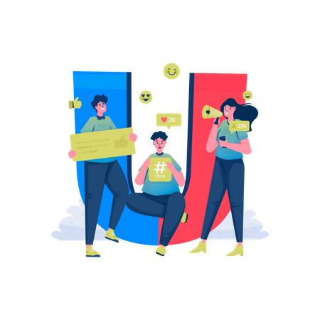 Trabajo en equipo creando marketing viral  Illustration