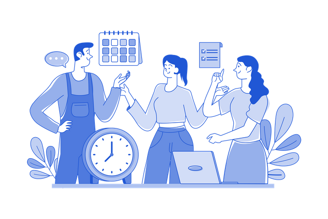 Trabajo en equipo de personas con horarios y tareas.  Ilustración