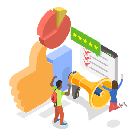 Trabajo en equipo para convertir reseñas positivas  Ilustración