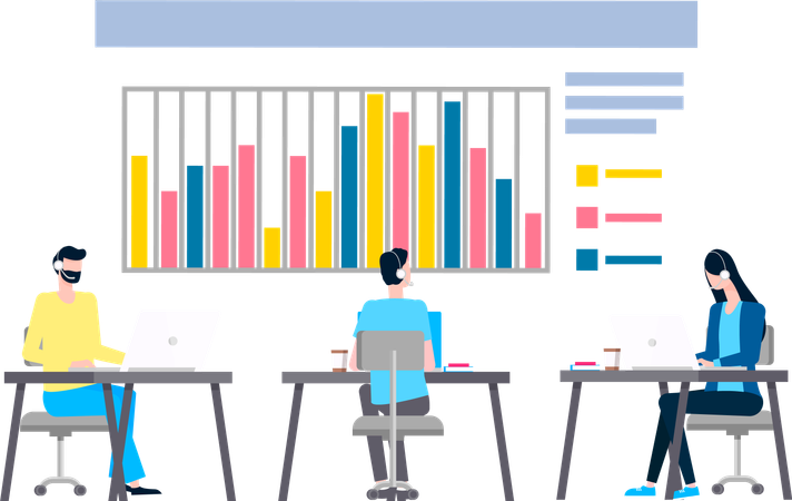 Equipo trabajando en datos comerciales.  イラスト