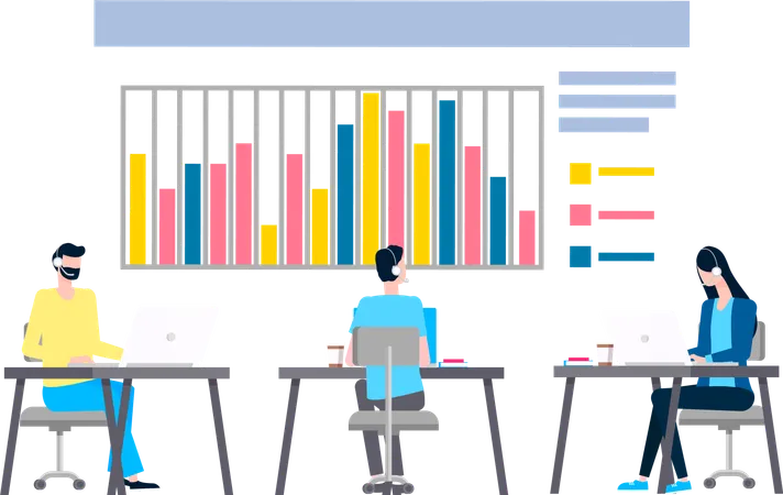 Equipo trabajando en datos comerciales.  イラスト