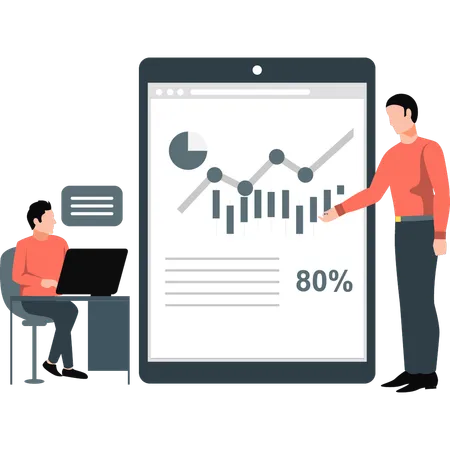 Equipo trabajando en gráficos analíticos de negocios  Ilustración