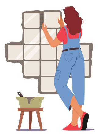 Trabajo femenino fijando azulejos en la pared  Ilustración