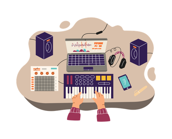 Manos trabajando en la creación de una composición musical utilizando una computadora portátil.  Ilustración