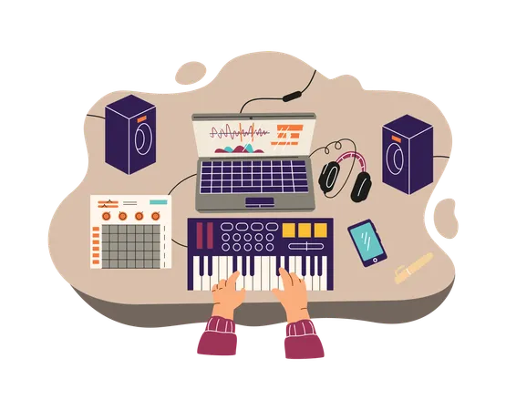 Manos trabajando en la creación de una composición musical utilizando una computadora portátil.  Ilustración