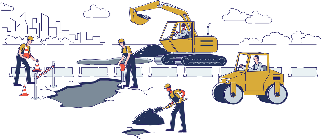 Trabajos de reparación de carreteras con herramientas y maquinaria pesada.  Ilustración