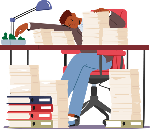 Trabalhador cansado dorme na mesa de escritório com pilhas de papel  Ilustração