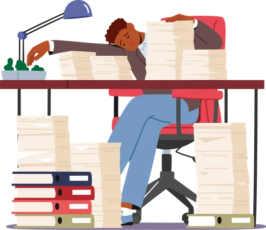 Trabalhador cansado dorme na mesa de escritório com pilhas de papel  Ilustração