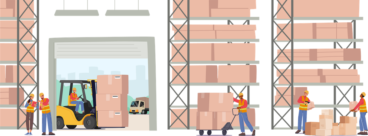 Trabalhador carregando e empilhando caixas com empilhadeira  Ilustração