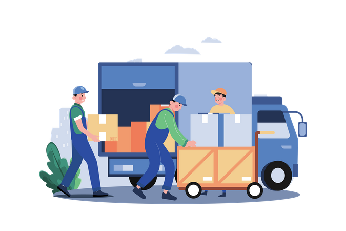 Trabalhador carregando pacotes no caminhão  Ilustração