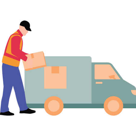 Trabalhador carregando pacotes em caminhão  Ilustração