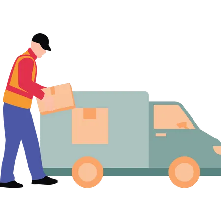 Trabalhador carregando pacotes em caminhão  Ilustração