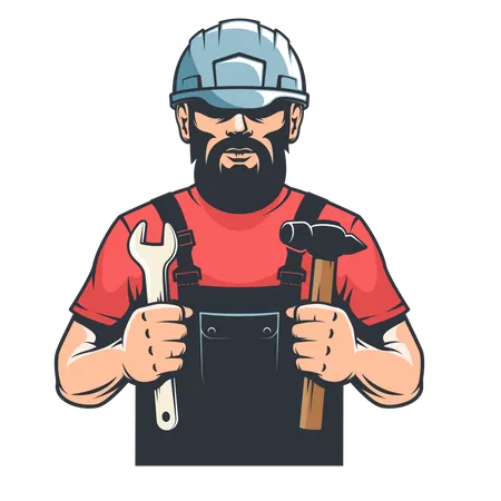 Trabalhador em mecânico de capacete segura martelo e chave inglesa  Ilustração