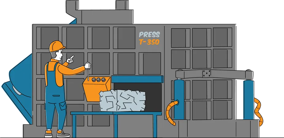 Maquina De Controle Do Trabalhador Pressionando Sucata Usada Velha Personagem Obtem Cubos Prensados De Lixo Reutilizado Para Fazer Produtos Metalicos Reciclagem E Processo Ilustracao Vetorial Linear Ilustração