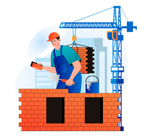 Trabalhador construindo parede usando tijolos  Ilustração