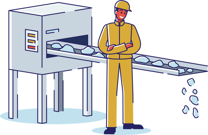 Trabalhador controla a qualidade e o processamento do fornecimento de minério de ferro pelo transportador  Ilustração