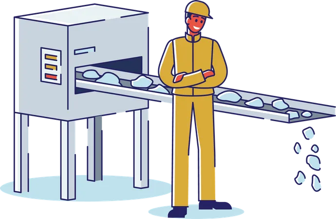 Trabalhador controla a qualidade e o processamento do fornecimento de minério de ferro pelo transportador  Ilustração