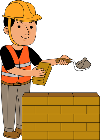 Trabalhador da construção civil coletando areia para construção de muro  Illustration