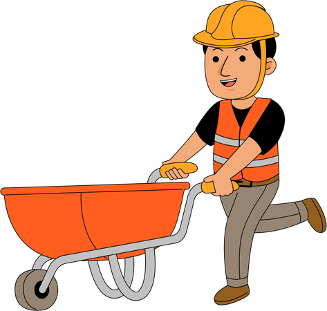 Trabalhador da construção civil empurrando carrinho de mão  Illustration